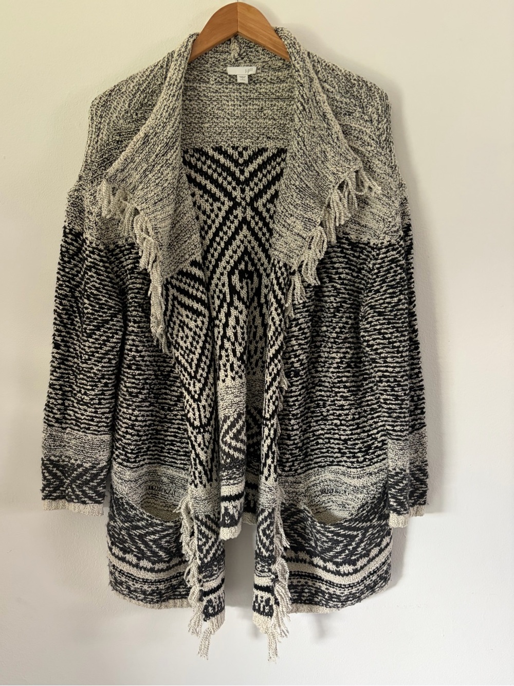 J. Jill Black & Ivory Geometric Fringe Wool Blend Cardigan Size Large Petite
